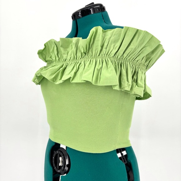 Zara NWT Pear Green Ruffled Off-the-Shoulder Ribbed Crop Top, Medium - Picture 5 of 15